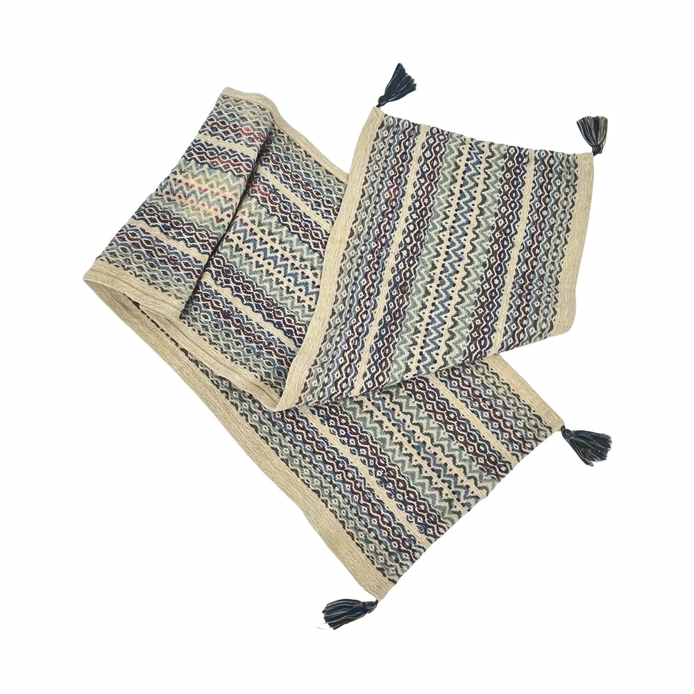 Boho Woven Table Runner 63" Geometric Tribal Tassel Farmhouse Blue Cream Decor